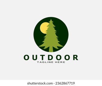 Adventure logo with green pine and sun. Simple circle design suitable for travel, trip, wildlife.