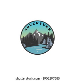 adventure logo with illustration of mountains and rivers in the forest that has these rocks