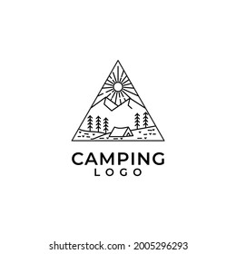 un logotipo de aventura con un estilo de línea que utiliza una forma triangular utilizada para imprimir pegatinas y tatuajes
