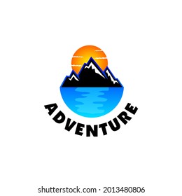 Adventure logo with minimalist design, mountains logo with beach view and bright sun shining