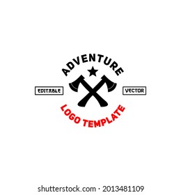 Adventure logo with minimalist design, tree and ax logo in black and white style