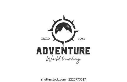 adventure logo with mountain and compass design, vector illustration