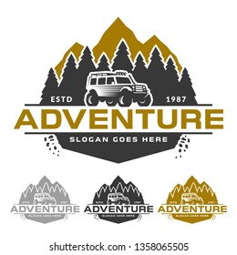 Adventure logo, mountain peak forest and off road car