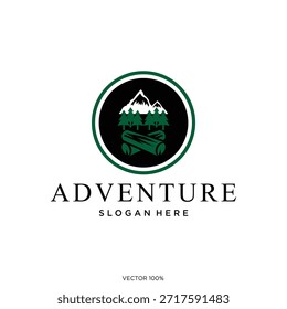 Adventure Logo with Mountains, Trees, and Logs