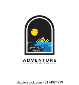 Adventure logo. Outdoor expedition typography, poster with mountains and pine trees. Climbing, Trekking, Hiking, Mountaineering stamp, hipster wear emblem. vector