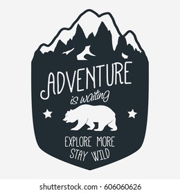 Adventure logo. Outdoor expedition typography, poster with mountains and bear. Climbing, Trekking, Hiking, Mountaineering stamp, explore more, hipster wear emblem. vector