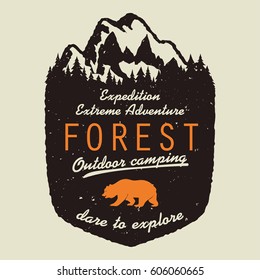 Adventure logo. Outdoor expedition typography, poster with mountains and pine trees. Climbing, Trekking, Hiking, Mountaineering stamp, hipster wear emblem. vector