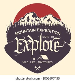 Adventure logo. Outdoor Mountain expedition typography, poster with mountains, tourist tent, bonfire and pine trees. Climbing, Trekking, Hiking, Mountaineering stamp, hipster wear emblem. vector