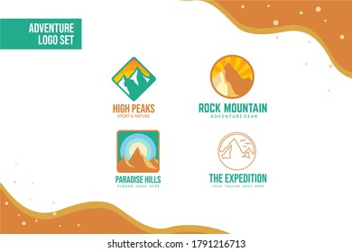 Adventure Logo Set in flat mountain illustration design concept with brown, turquoise, and blue color for your adventure team, hiking group, outdoor activity, emblem, and many more
