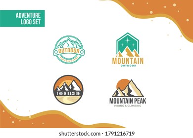 Adventure Logo Set in flat mountain illustration design concept with brown, turquoise, and blue color for your adventure team, hiking group, outdoor activity, emblem, and many more