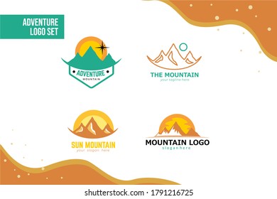 Adventure Logo Set in flat mountain illustration design concept with brown, turquoise, and blue color for your adventure team, hiking group, outdoor activity, emblem, and many more