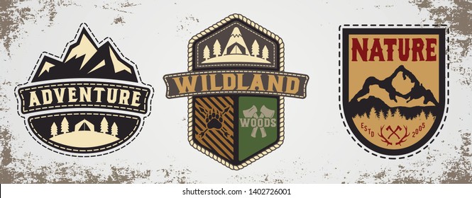 Adventure Logo Set. Hand Made Badge In Flat Style. Hand Made Typeface. Serif Font. Vintage Badge.