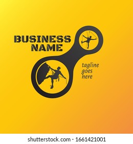 Adventure logo template for business or company. Holidays. Man silhouette in carabiner illustration. Climbing icon.