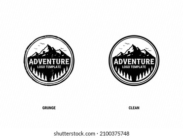 Adventure Logo Template. Mountain, Alpine Trees, And Birds Illustration For Adventure Badge