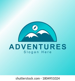 Adventure Logo Template. Using a green base color with a combination of mountain shapes and compass symbols. Suitable for company logos engaged in adventure