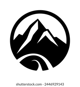 Logo de Adventure. Logo de viaje con silueta de montaña, simbolizando la exploración, el descubrimiento y la pasión por los viajes. Ideal para agencias de viajes o marcas de aventura al aire libre. Icono redondo negro con montañas. 