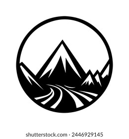 Logo de Adventure. Logo de viaje con silueta de montaña, simbolizando la exploración, el descubrimiento y la pasión por los viajes. Ideal para agencias de viajes o marcas de aventura al aire libre. Icono redondo negro con montañas. 