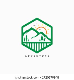 Adventure logo vector design template with mountain and sun concept