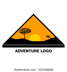 Adventure logo vector illustration, Adventure logo with sunset and tree picture vector logo illustration