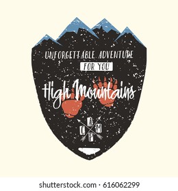 Adventure logo, vintage hipster apparel emblem. High mountains typography, poster, badge with mountains, bear's paw and lettering. Camping, hiking, climbing. Vector