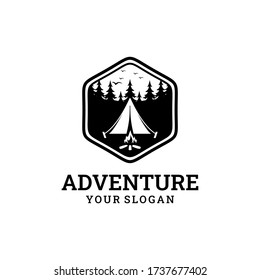 Adventure logos with pine trees, camp tents and campfire in hexagon shapes.badge or emblem logo
