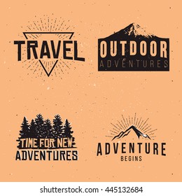 Adventure logos, travel badges, outdoor labels with different design elements: silhouettes of trees, mountains, sunbursts, vulkans.