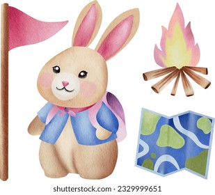 adventure lover cute rabbit watercolor illustration