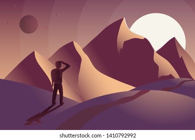 Adventure man with backpack, traveler looks at the mountains and the sunset. Concept of discovery, exploration, hiking, adventure tourism and travel. Flat vector illustration. 