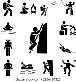 Adventure man mountain climbing icon in a collection with other items