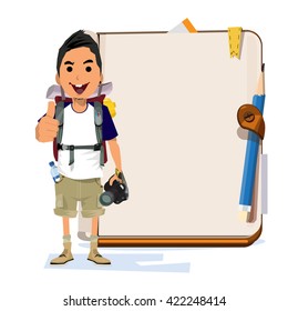 adventure man with notebook for presentation. character design - vector illustration