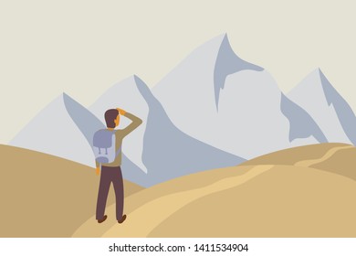 Adventure man traveler with a backpack on his shoulders looking into the distance of the road on background of high mountains. Concept of discovery, exploration, hiking, adventure tourism and travel. 