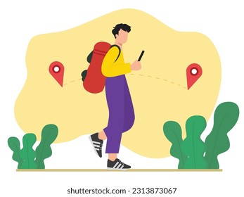 adventure man walking using map on phone travel, healthy lifestyle tourist.vector illustration