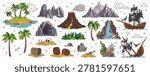 Adventure map constructor vector details. Pirate island, cave, rocky mountain, treasure chest and barrel, sunken ship and skull. Pirate treasure island map palm tree, waterfall, volcano and coral reef