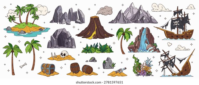 Adventure map constructor vector details. Pirate island, cave, rocky mountain, treasure chest and barrel, sunken ship and skull. Pirate treasure island map palm tree, waterfall, volcano and coral reef