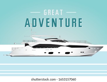 Adventure message on boat background. Boat on the sea and beach side view. Vector illustration.

