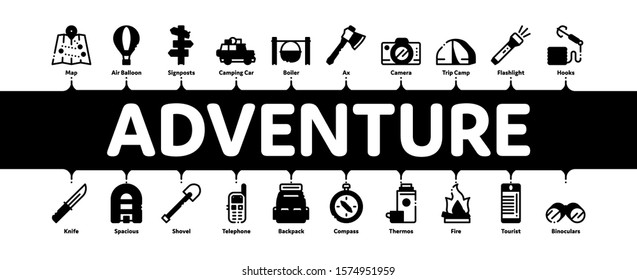 Adventure Minimal Infographic Web Banner Vector. Binocular And Camera, Map And Boat, Ax And Knife, Camping Fire And Car Adventure Concept Illustrations