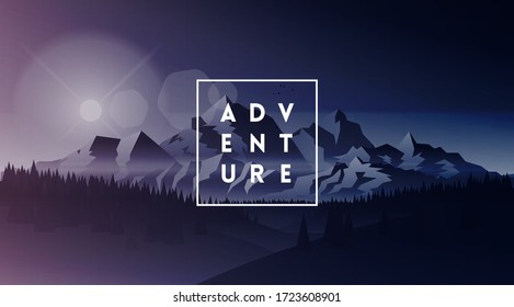 Aventura. Logo minimalista blanco tipográfico en un marco delgado sobre un oscuro paisaje montañoso. Diseño de pancartas en las montañas. Ilustración del vector