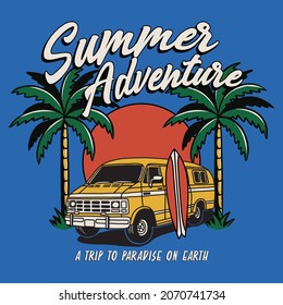 Adventure Mobile with Palms and Surf Board Summer Illustration Artwork Print on Blue Background for Apparel and Other Uses