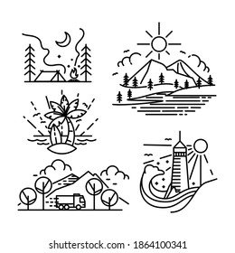 Adventure monoline vector set camping, delivery, watchtower, and mountains.