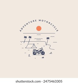 Adventure motorcycle and tent on the beach sunset line art logo, poster, t shirt design vector illustration