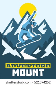 Adventure mount. A snowboarder performing a trick. Leap from the mountain. Road and horizon. Nice view of the nature. Location an active holiday. Fresh air. Winter landscape. Vector illustration.