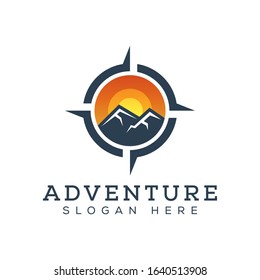 adventure mountain with compass logo design vector template