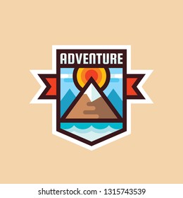 Adventure mountain - concept badge vector illustration. Expedition explorer creative logo in flat style. Discovery outdoor sign. Extreme exploration emblem. Summer camping. Graphic design element. 