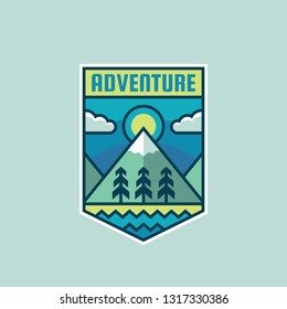 Adventure mountain - concept badge vector illustration. Expedition explorer creative logo in flat style. Discovery outdoor sign. Extreme exploration emblem. Summer camping. Graphic design element. 