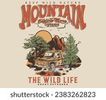 Adventure at the mountain graphic artwork for t shirt and others. Mountain with tree  vintage print design. Mountain with sunset and river. Life is great. Wild life. Explore more artwork.