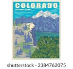 Adventure at the mountain graphic artwork for t shirt and others. Wanderlust. Mountain with tree vintage print design. Mountain with river. Life is great. Colorado national park. Hill retro.