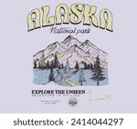 Adventure at the mountain graphic artwork for t shirt and others. Mountain with tree vintage print design. Mountain with sunset and river. Life is great. Alaska mountain national park. 