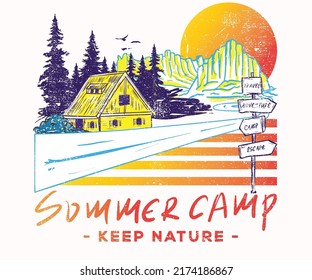 Adventure at the mountain graphic artwork for t shirt and others. Mountain with tree retro vintage print design. summer camp.
