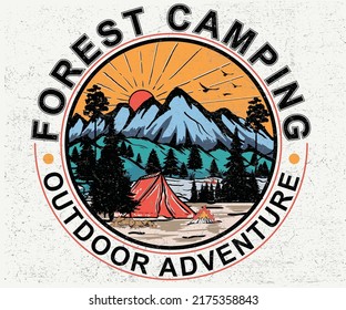 Adventure at the mountain graphic artwork for t shirt and others. Mountain with tree retro print design. Forest camping. - Shutterstock ID 2175358843