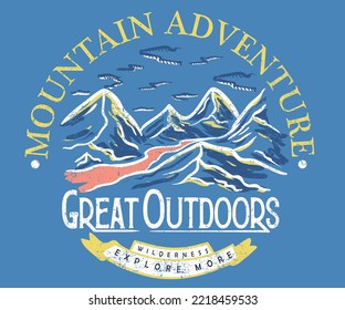 Adventure at the mountain graphic artwork for t shirt and others. Great outdoors print design.